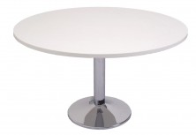 1200 Round Table. White Top. Chrome Disc Base